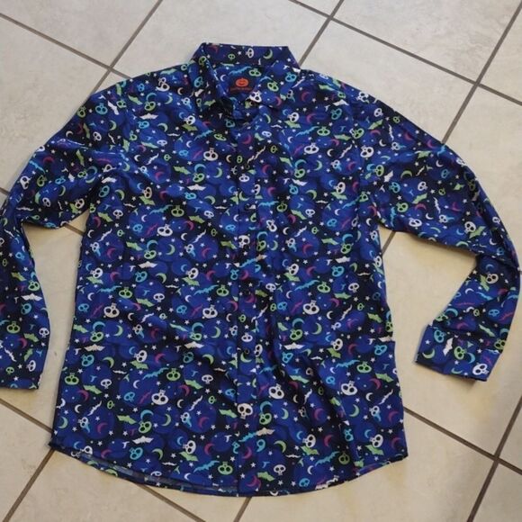 NWOT Simon Banks Halloween buttondown longsleeve shirt blue skull moon print L - Picture 2 of 9
